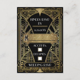 Tarjetas RSVP de Vintage Black & Gold Art Deco Wed