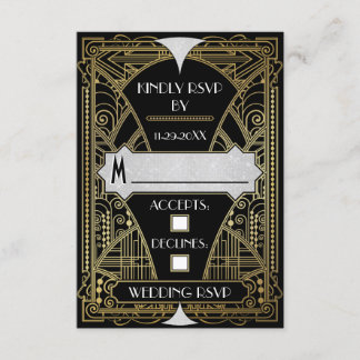 Tarjetas RSVP de Vintage Black & Gold Art Deco Wed