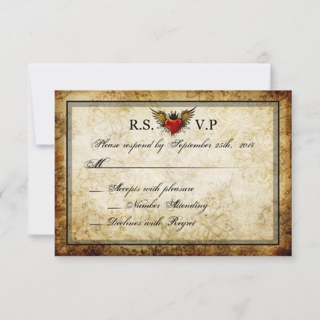 Tarjetas RSVP de Vintage Urban Tattoo WingHeart (Anverso)