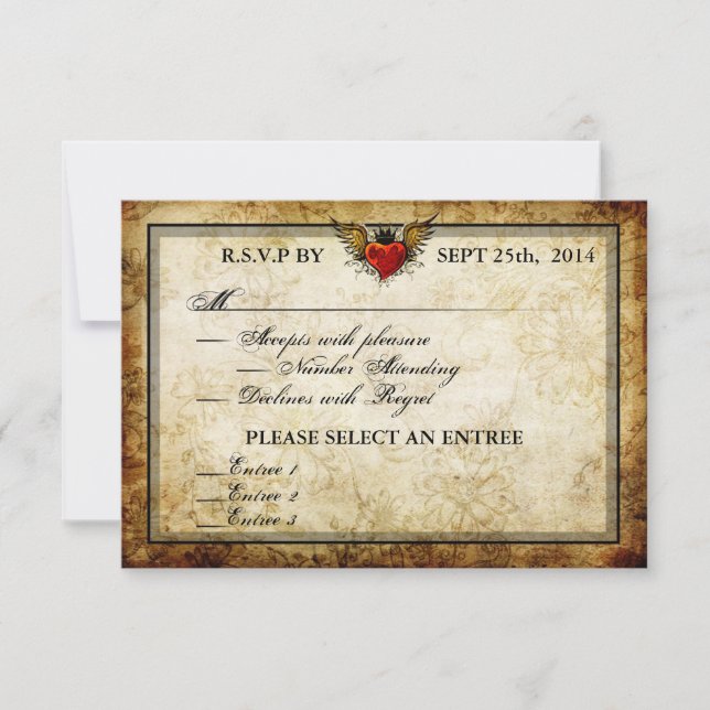 Tarjetas RSVP de Vintage Urban Tattoo WingHeart (Anverso)