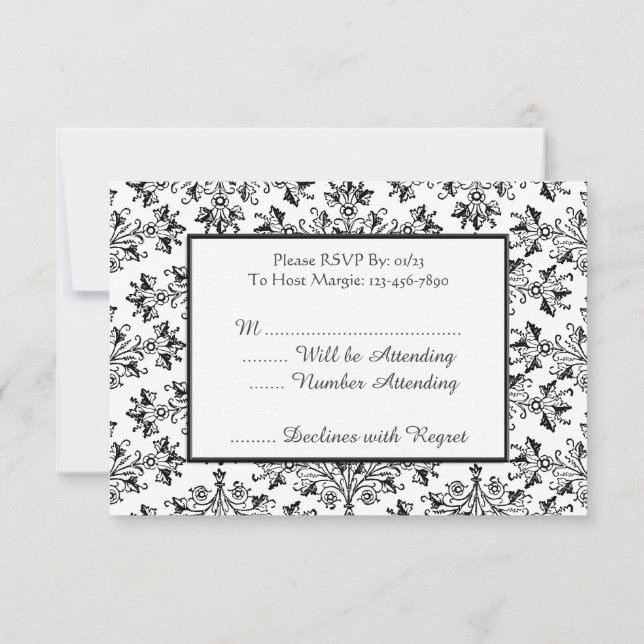 Tarjetas RSVP editables para damasco blanco blanco (Reverso)