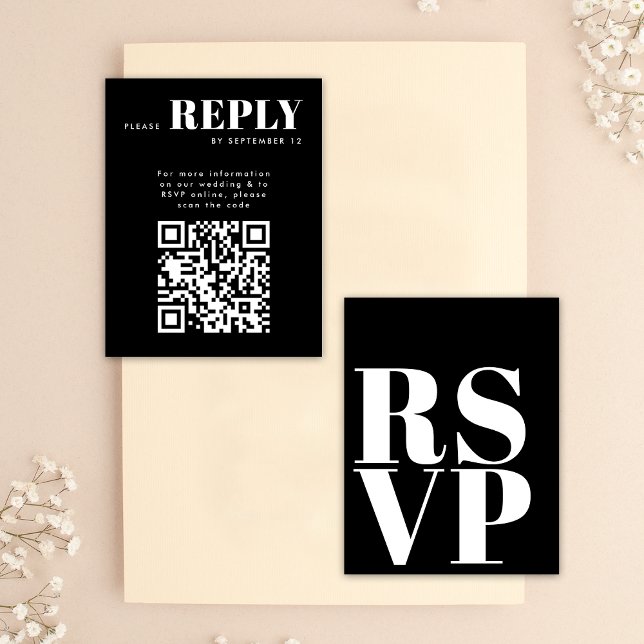 Tarjetas RSVP en blanco negro y elegante para códi (Front / Back)