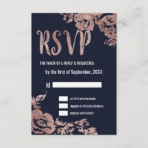 Tarjetas RSVP floral floral azul marino y Rosa oro