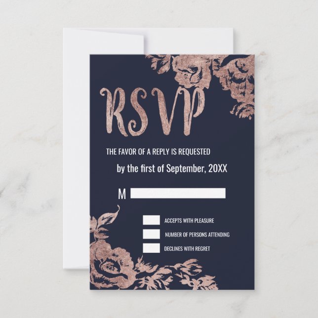 Tarjetas RSVP floral floral azul marino y Rosa oro (Anverso)