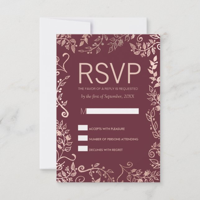 Tarjetas RSVP floral Marsala Red Rose Gold (Anverso)