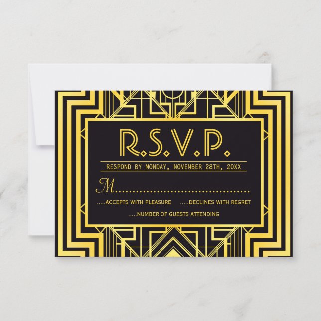 Tarjetas RSVP Geométricas de Oro y Negro (Anverso)