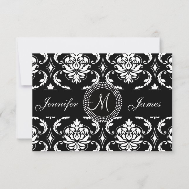 Tarjetas RSVP iniciales de Damask en negro para in (Anverso)