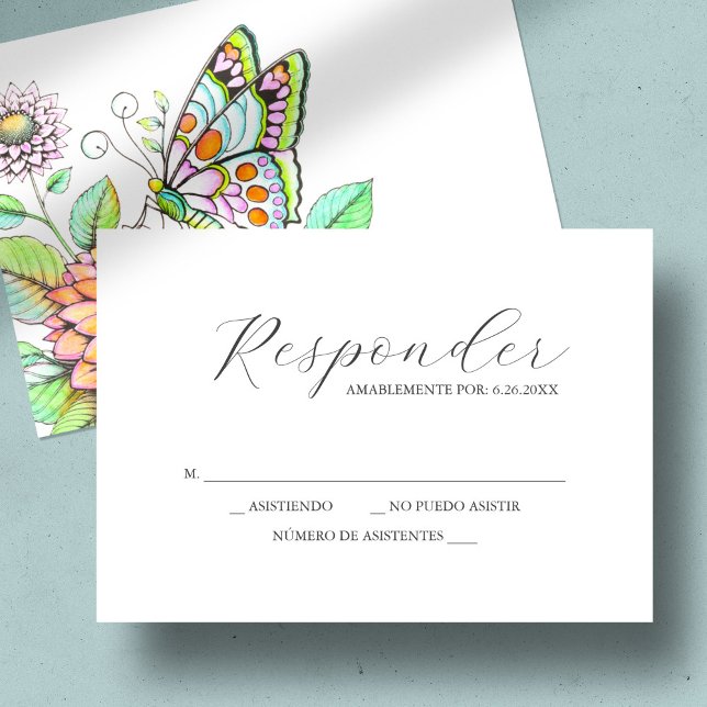 Tarjetas RSVP Mariposa acuática y Flor (Quinceanera rsvp card watercolor butterfly art by Victoria Grigaliunas of Do Tell A Belle)