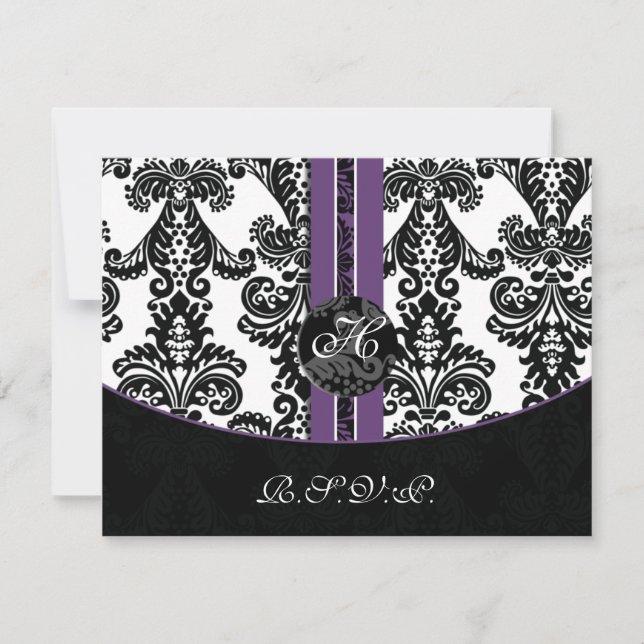tarjetas rsvp monogramo damask púrpura (Anverso)