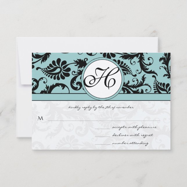 Tarjetas RSVP-Negro y blanco Damask Piscina oscura (Reverso)