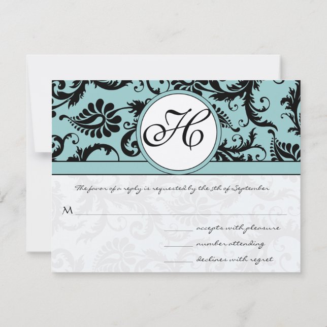 Tarjetas RSVP-Negro y blanco Damask Piscina oscura (Reverso)