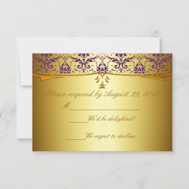 Tarjetas RSVP Ornate Formal Purple Gold Damask (Anverso)