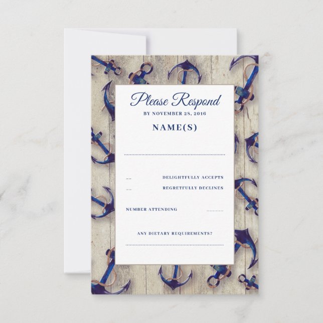 Tarjetas RSVP para bodas de mariscos y anclas azul (Anverso)
