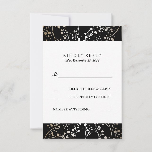 Tarjetas RSVP para bodas negras y de oro con el al (Anverso)