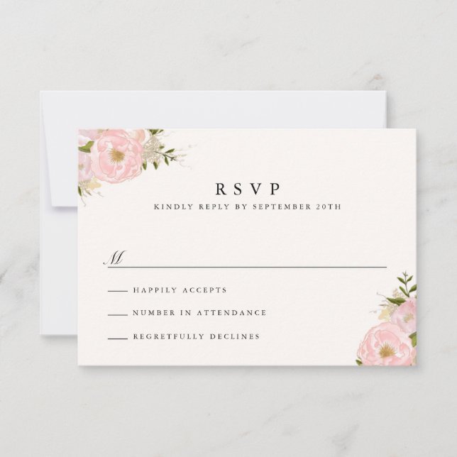 Tarjetas RSVP Peony Purpurina de oro rosa Rubor (Anverso)