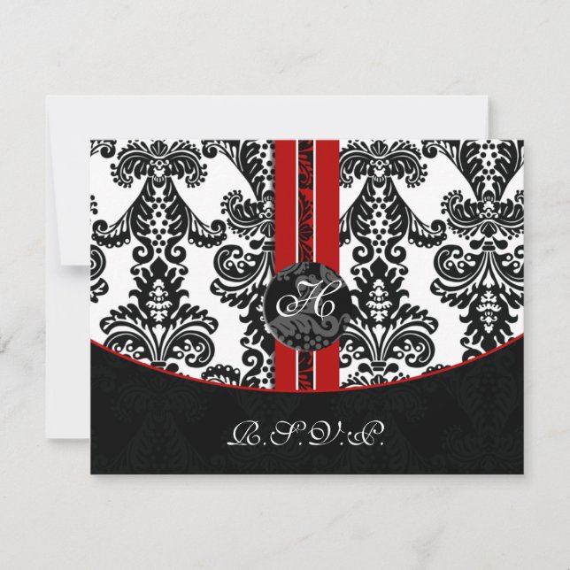 tarjetas rsvp rojas de damasco monograma (Anverso)