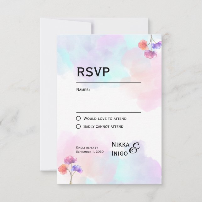 Tarjetas RSVP románticas de boda rosa y azul (Anverso)