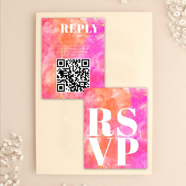 Tarjetas RSVP rosa y Naranja para código QR Boda (Front / Back)