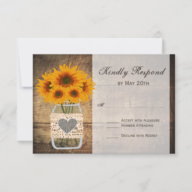Tarjetas RSVP Rustic Mason Jar Sunflower (Anverso)