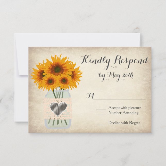 Tarjetas RSVP Rustic Mason Jar Sunflower (Anverso)
