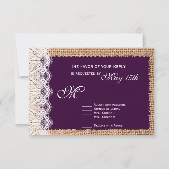 Tarjetas RSVP Rústicas Burlap Lace Dark Purple Wed (Anverso)