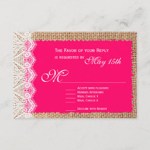 Tarjetas RSVP Rústicas Burlap Lace Hot Pink Weddin