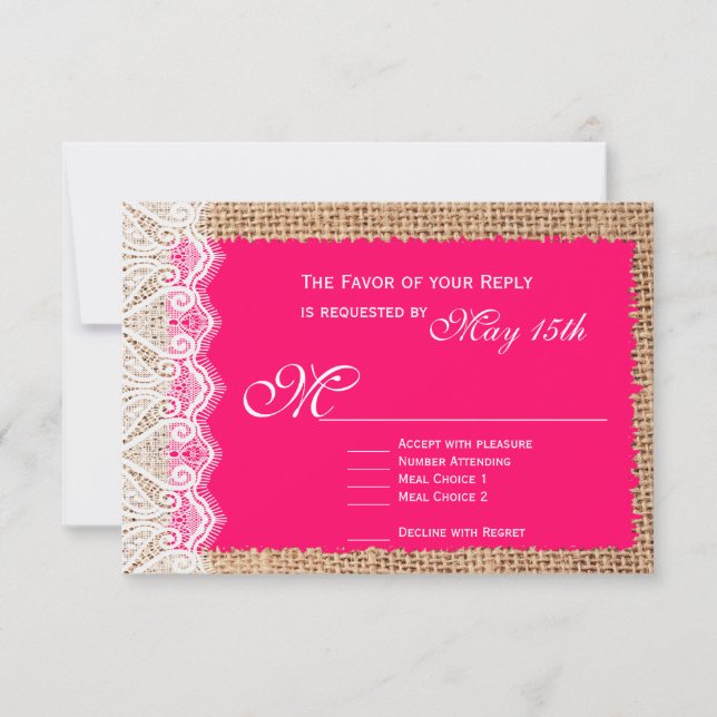 Tarjetas RSVP Rústicas Burlap Lace Hot Pink Weddin (Anverso)