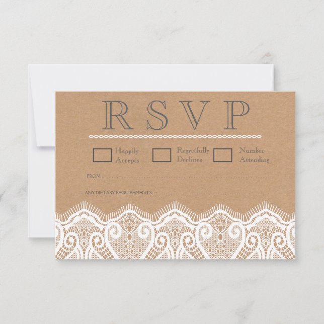 Tarjetas RSVP Rústicas de boda de encaje blanco y  (Anverso)