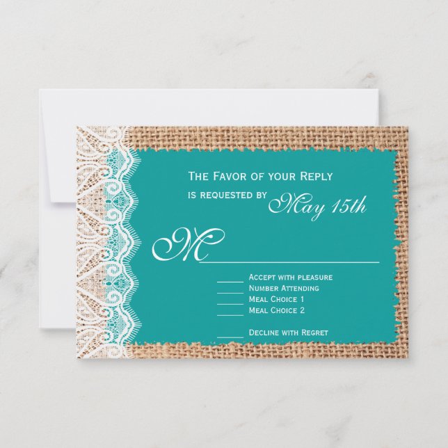Tarjetas RSVP Rústicas de matrimonio turquesa de e (Anverso)