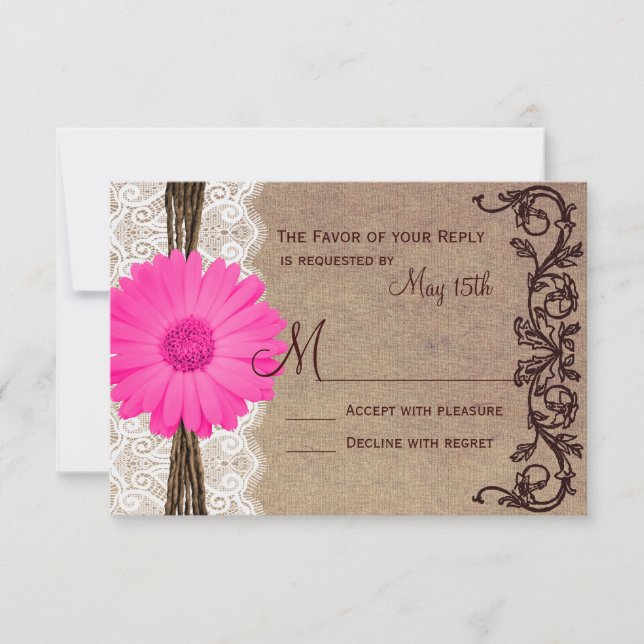 Tarjetas RSVP Rústicas Rink Gerber Daisy Lace Wedd (Anverso)