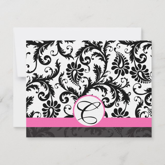 Tarjetas RSVP-Tapón blanco y negro Damask de color (Anverso)