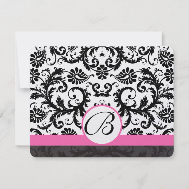 Tarjetas RSVP-Tapón blanco y negro Damask de color (Anverso)