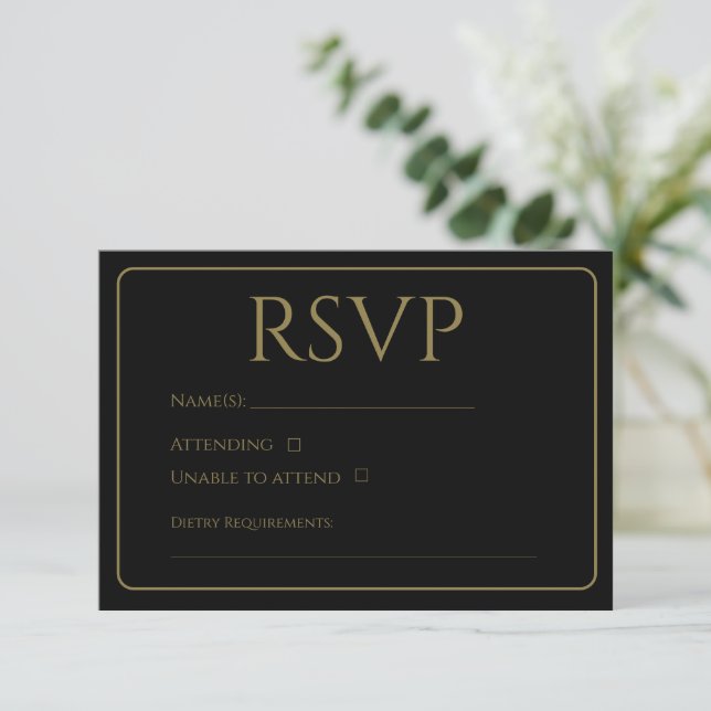 Tarjetas RSVP tradicionales en negro y oro (Anverso de pie)