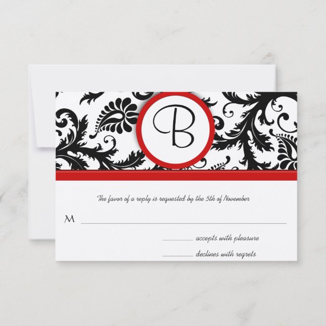 Tarjetas RSVP-Trigo rojo de Damasco blanco y negro (Reverso)