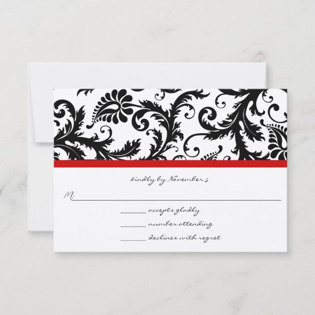 Tarjetas RSVP-Trigo rojo de Damasco blanco y negro (Anverso)