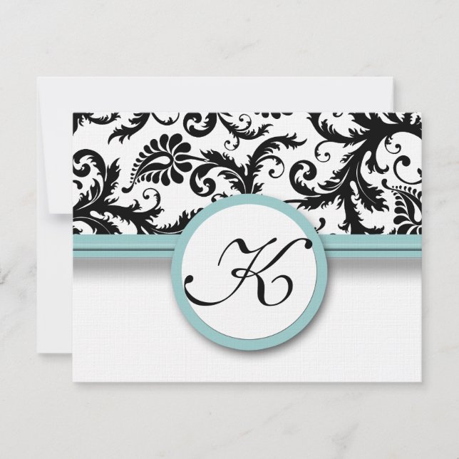 Tarjetas RSVP-Trim Aqua Damask en blanco y negro (Anverso)