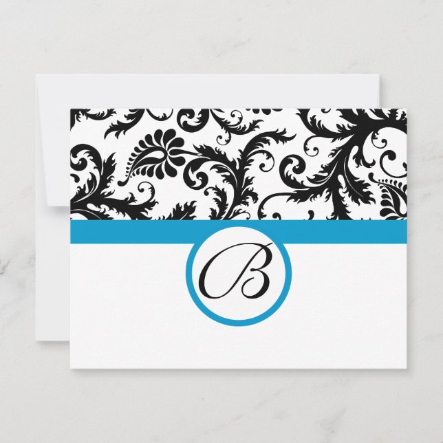 Tarjetas RSVP-Trim Aqua Damask en blanco y negro (Anverso)