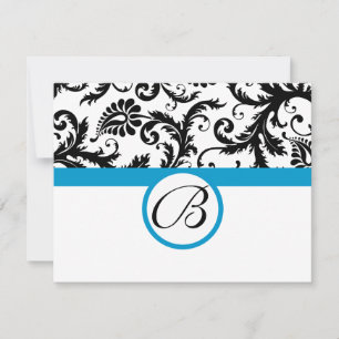 Tarjetas RSVP-Trim Aqua Damask en blanco y negro
