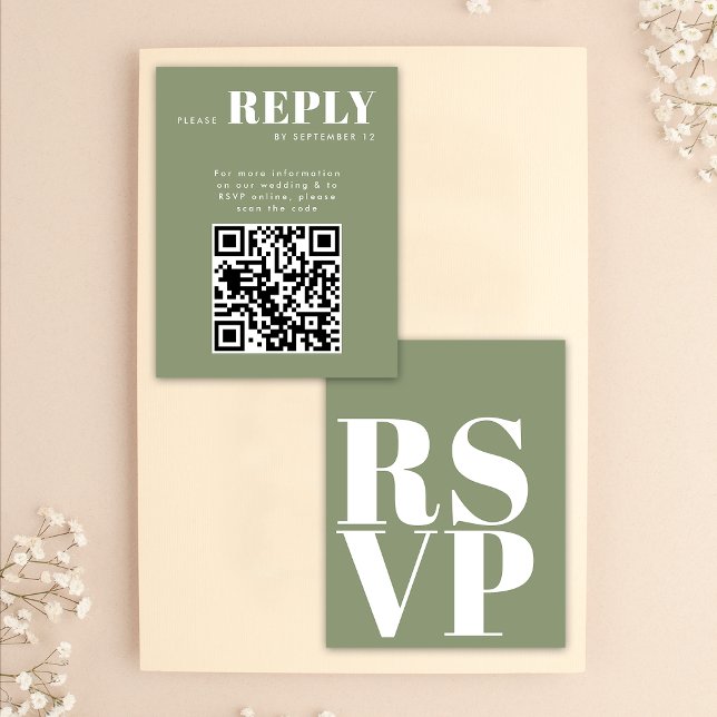 Tarjetas RSVP verde Sage elegantes para código QR  (Front / Back)