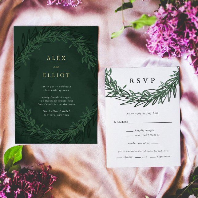 Tarjetas RSVP verticales de Boda dramático verde e (Emerald green botanical wedding invitation RSVP card.)