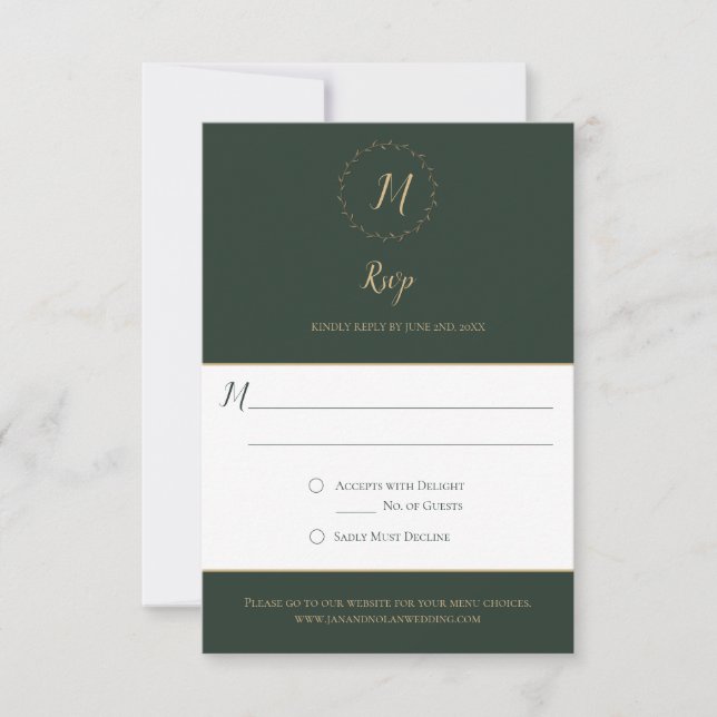 Tarjetas RSVP verticales Evergreen y Gold Monogram (Anverso)