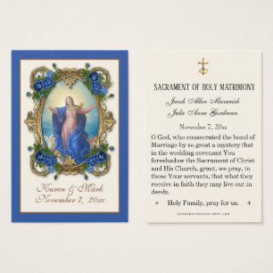 Tarjetas sagradas de boda de la Virgen María azul