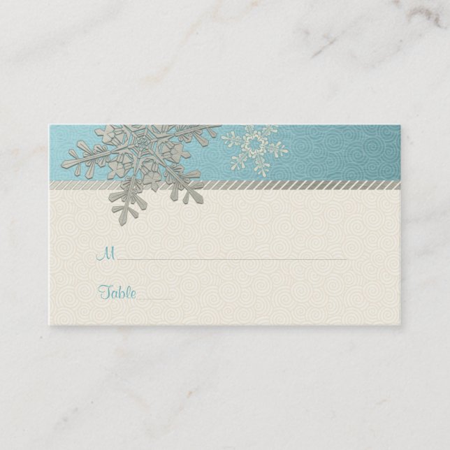 Tarjetas Silver Blue Snowflake Winter Wedding Plac (Anverso)