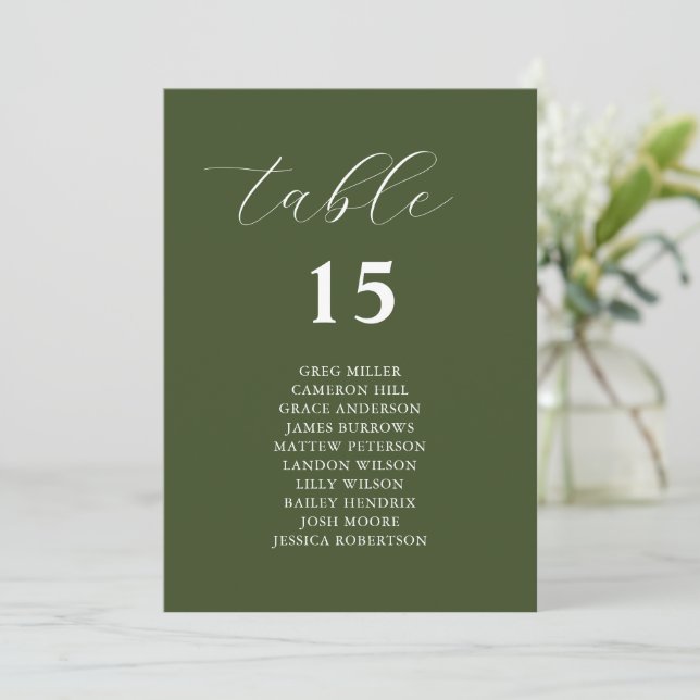 Tarjetas simples de Boda verde oliva para sillas (Anverso de pie)