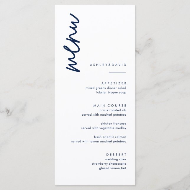 Tarjetas simples de menú Boda azul de la Marina Os (Anverso)