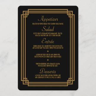 Tarjetas simples de menú de Boda negro Art Deco