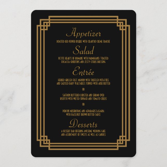 Tarjetas simples de menú de Boda negro Art Deco (Anverso)