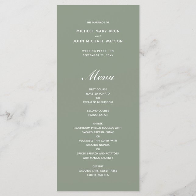 Tarjetas simples de menú de Boda verde oliva (Anverso)