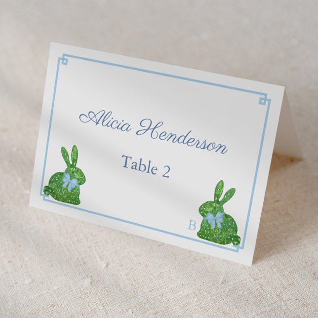 Tarjetas Smart Blue & Green Bunny Easter Brunch Pl (Individual place cards for baby boy showef with topiary bunny with light blue bow)