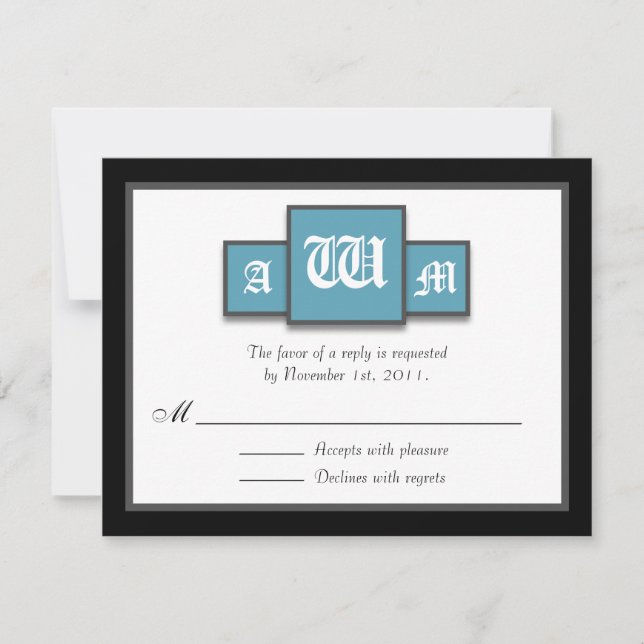 Tarjetas Tri-Monograma Blue Modern Reply / RSVP (Anverso)